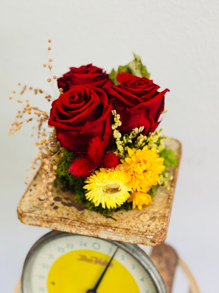 Vintage Scale with Dried Floral, Preserved Roses and Moss