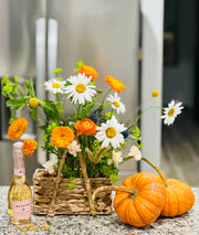 Basket With Fresh Seasonal Flowers and Prosecco Rosé