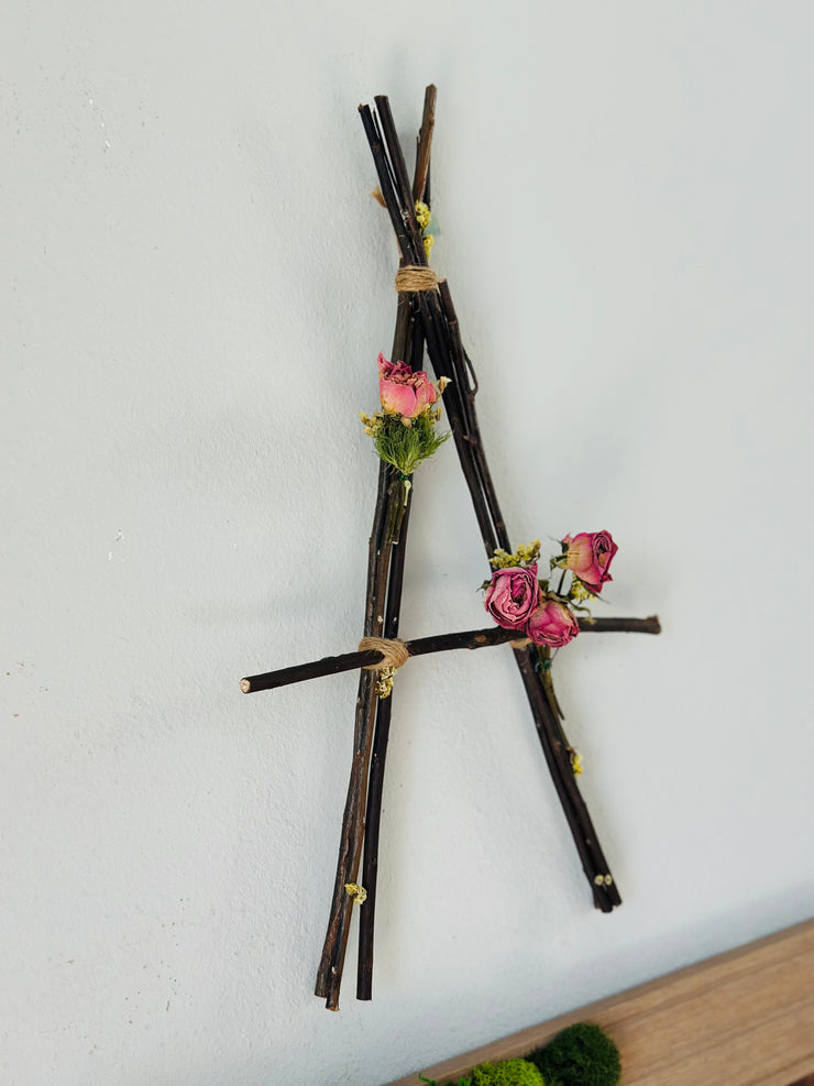 Rustic Wood Sticks Letter A with Dried Florals.